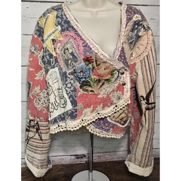 OOAK Magnolia Boho Quilted Jacket Frida Cat Bird Gypsy Patchwork Vtg INDIE sz L - Picture 4 of 16